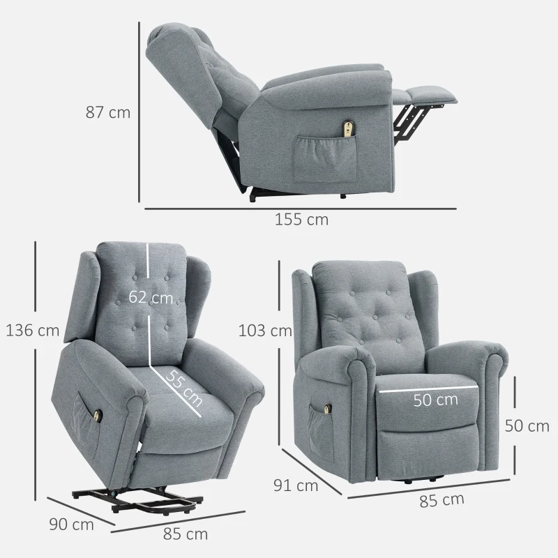 HOMCOM Poltrona Relax Reclinável Elétrica Poltrona Elevatória com Encosto Alto Capitonê Controlo Remoto 85x91x103 cm Cinza
