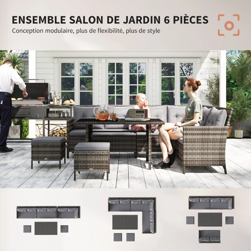 Outsunny Ensemble salon de jardin 8 personnes grand confort 3 canapés d'angle + 2 poufs + table à manger 12 coussins assise & dossier fournis polyester écru résine tressée gris