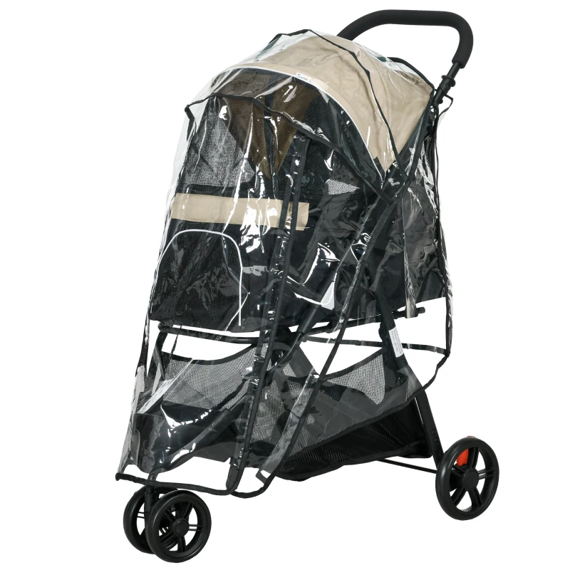 PawHut Carrito para Perros Pequeños con Cesta de Almacenaje Cubierta para Lluvia y Ventana de Malla 80,5x51,5x100 cm Caqui