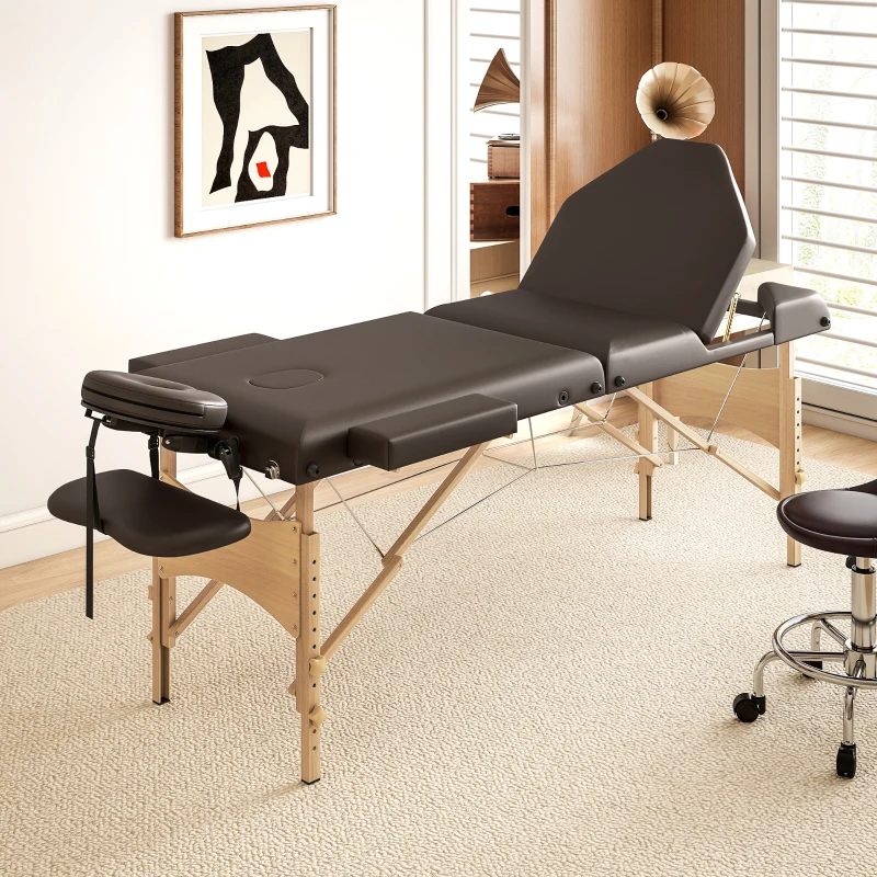 HOMCOM Marquesa de Massagem Dobrável Portátil com Altura Ajustável Apoio de Cabeça Apoios de Braços Acolchoados 215x60x64-89 cm Marrom