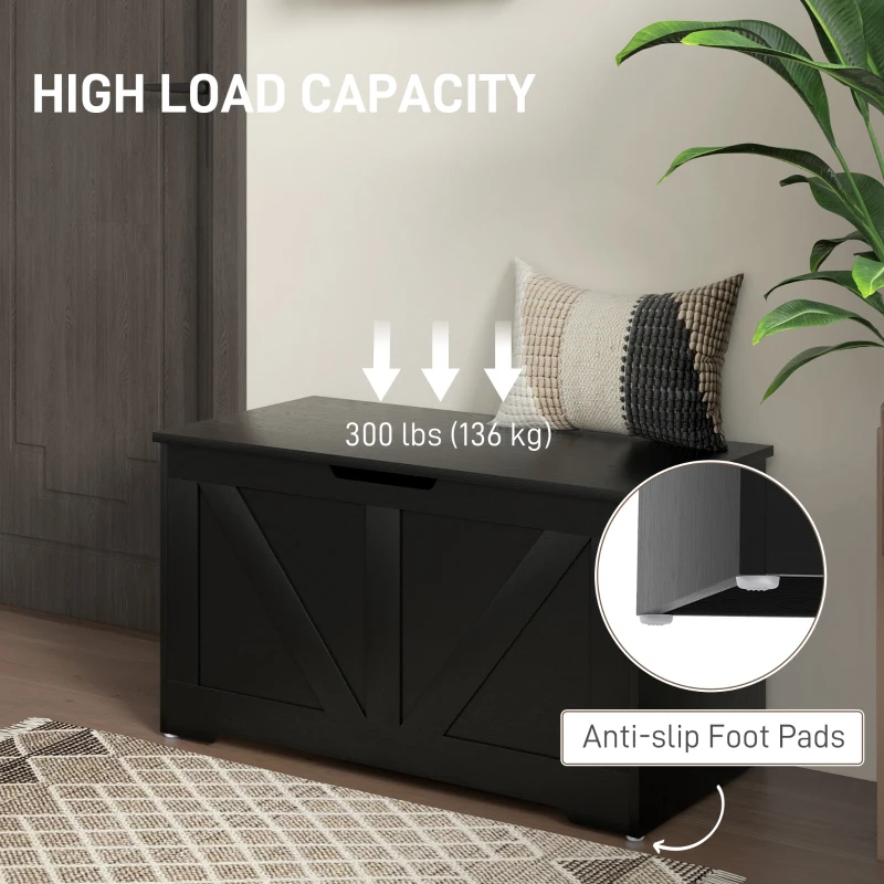 HOMCOM 100L Home Storage Box, with Safety Hinges - Black Wood-Effect