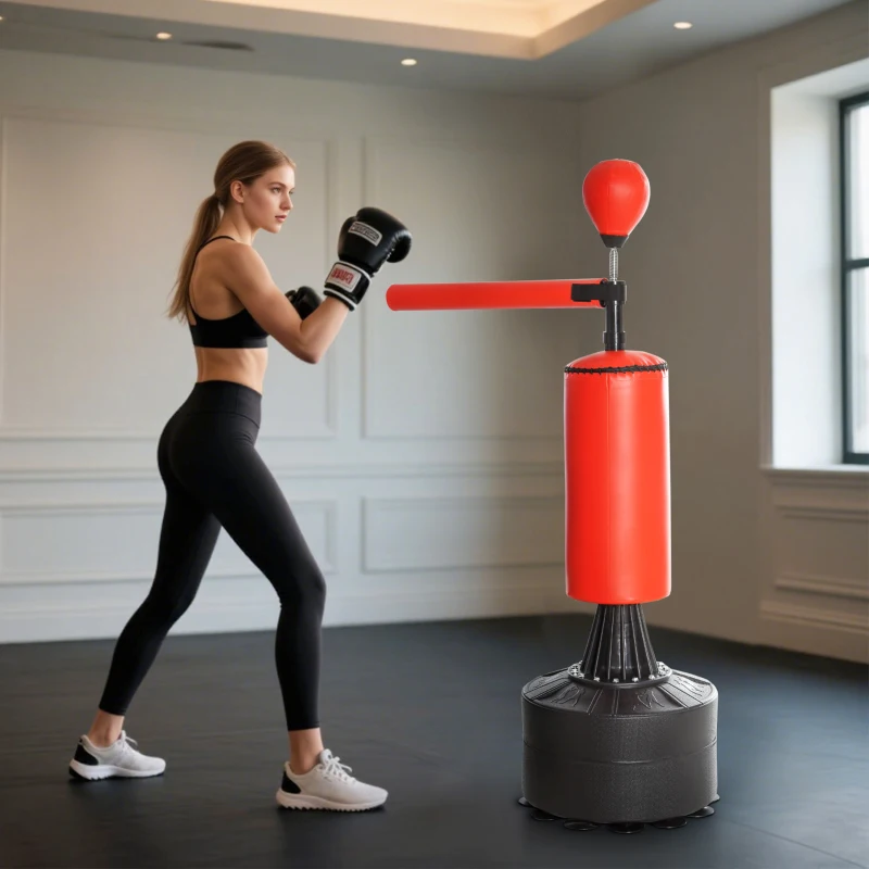 HOMCOM Sacco da Boxe ad Altezza Regolabile con Punching Ball e Base Riempibile, 88x48x155-205 cm, Rosso e Nero