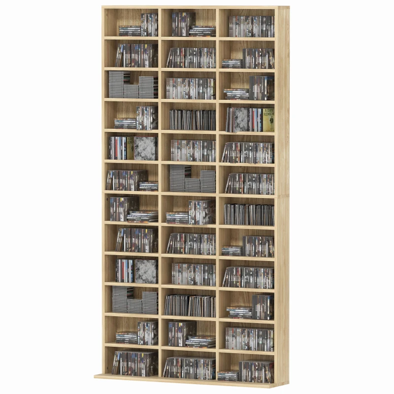 HOMCOM Rangements pour CD et DVD, bibliothèque étagère rangement 1116 CD/528 DVD, 36 compartiments et étagères réglables, chêne