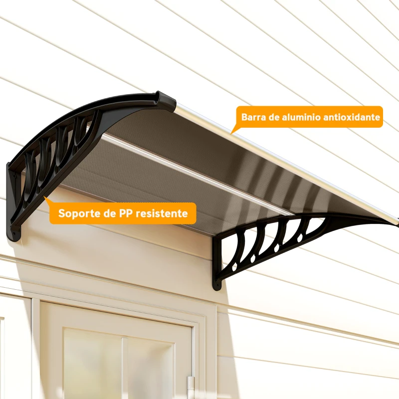 Outsunny Marquesina Exterior para Puertas y Ventanas 103x96,5x27 cm Tejadillo de Protección contra Sol y Lluvia con Soporte Aleación de Aluminio Policarbonato Marrón Translúcido