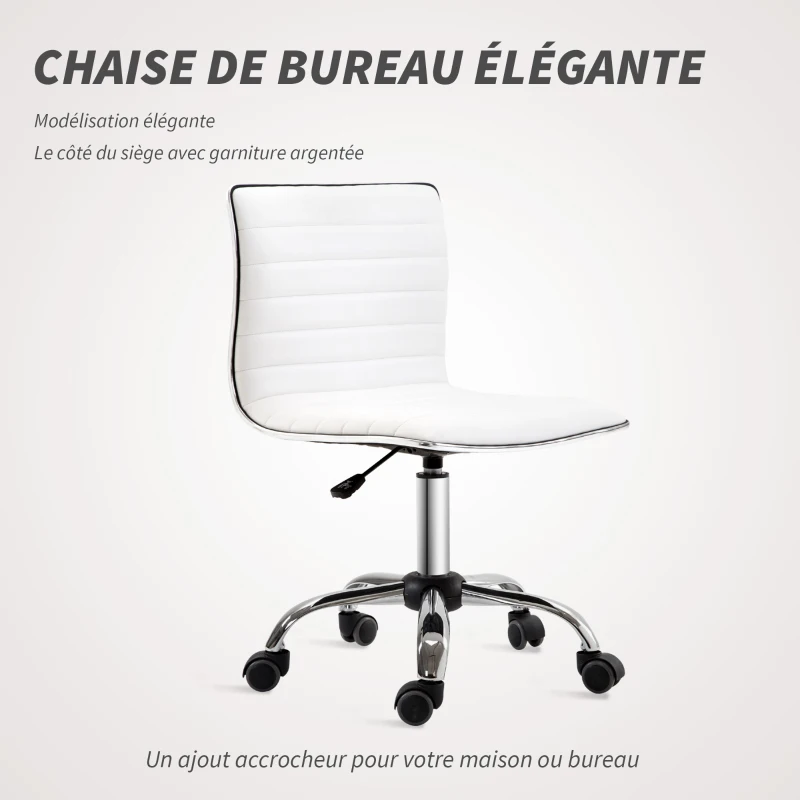 HOMCOM Chaise bureau sans accoudoirs, fauteuil de bureau, hauteur réglable, assise et dossier rembourrés, 48x52x78-90cm, blanc