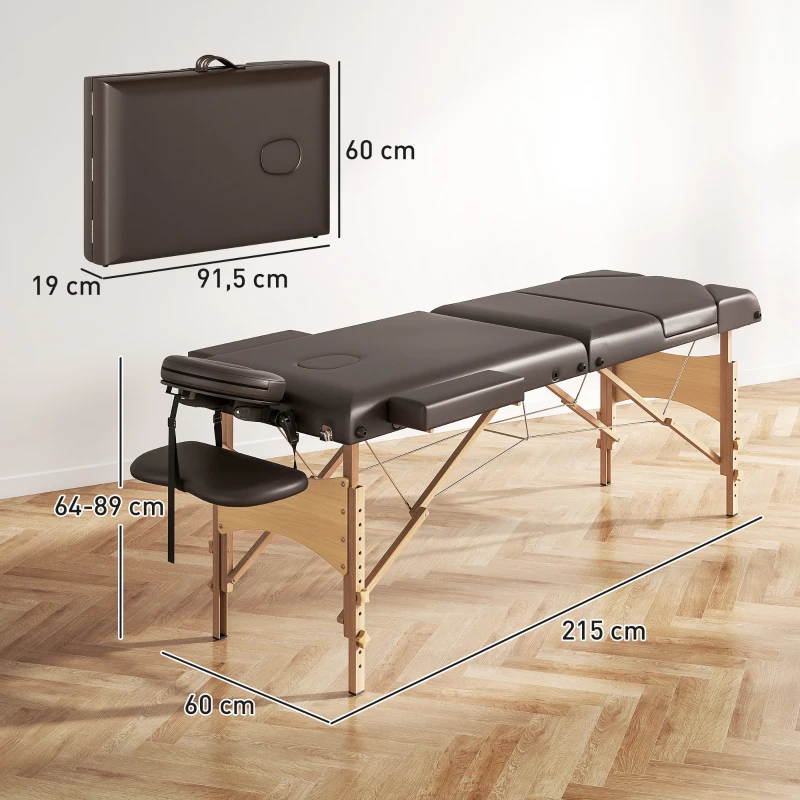HOMCOM Marquesa de Massagem Dobrável Portátil com Altura Ajustável Apoio de Cabeça Apoios de Braços Acolchoados 215x60x64-89 cm Marrom