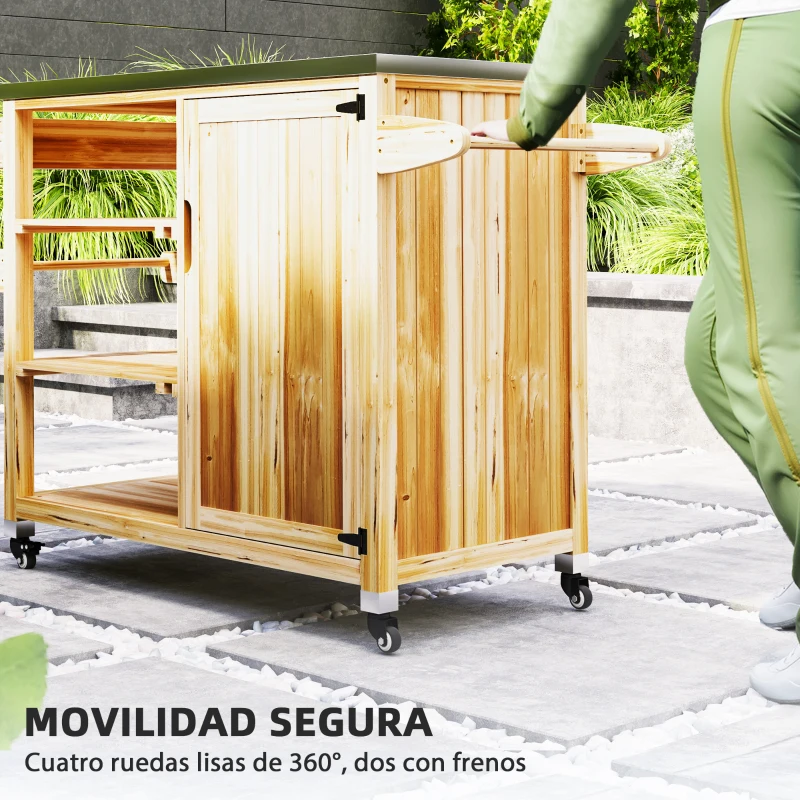 Outsunny Carrito de Parrilla de Madera con 4 Ruedas Estantes Armario y Encimera de Acero Inoxidable 134,5x50x91,5 cm Natural