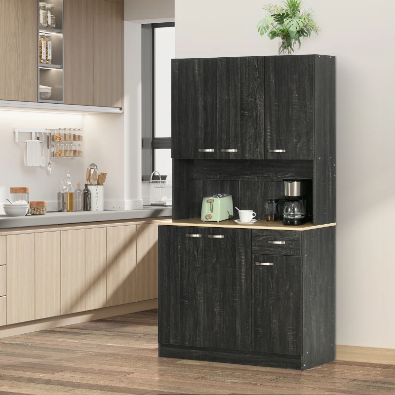 HOMCOM Armário de Cozinha Aparador de Sala de Jantar com 1 Gaveta 6 Portas e Prateleiras Ajustáveis Estilo Moderno 101x39x180 cm Preto e Madeira