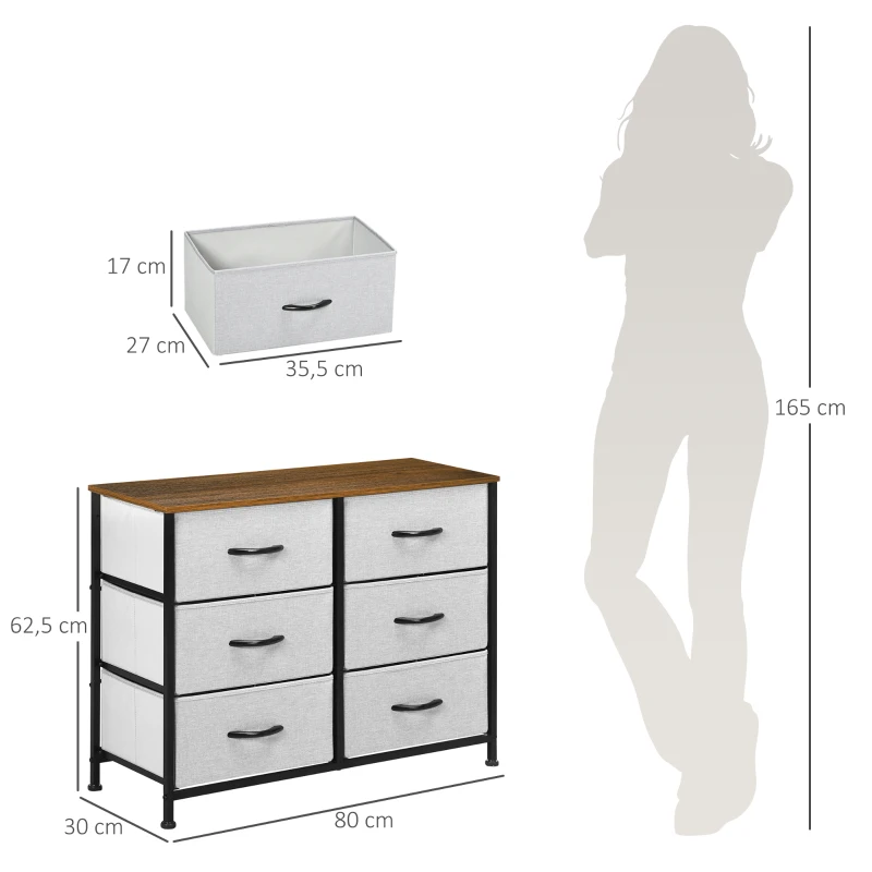 HOMCOM Cómoda Estilo Industrial Cómoda com 6 Gavetas de Tecido Dobrável com Pés com Almofadas Ajustáveis 80x30x62,5 cm Cinza e Marrom