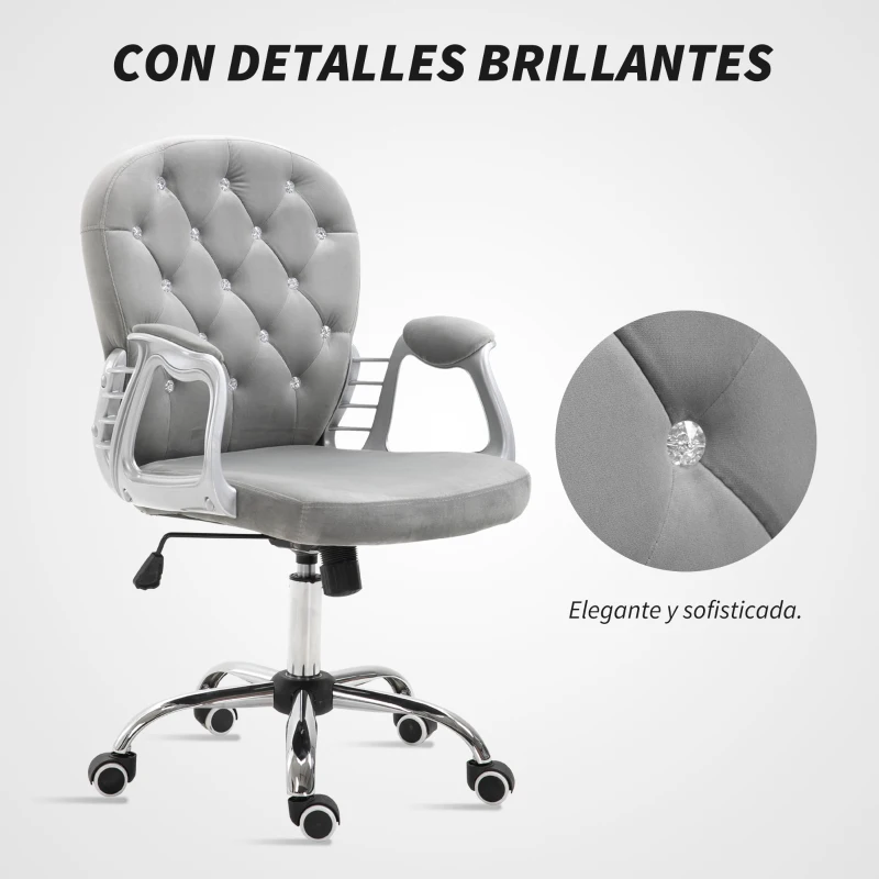 Vinsetto Silla de Escritorio de Terciopelo con Altura Ajustable Reposabrazos y Decoraciones de Diamantes 59,5x60,5x93-103 cm Gris