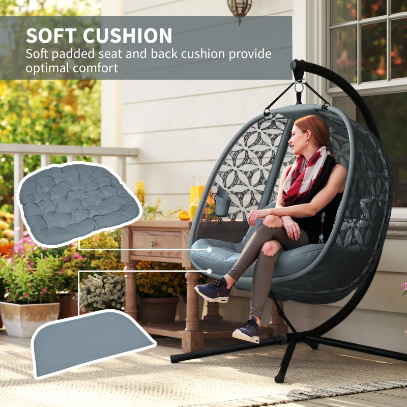 Outsunny Outdoor Double Hanging Chair with Cushion and Cup Holders, Charcoal Grey