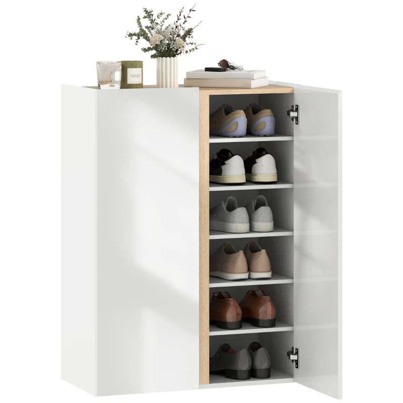 HOMCOM Mobile Portascarpe con Funzione Soft-Close, disegno a sei livelli senza maniglia, 18 paia di scarpe, per ingresso, corridoio, legno, Bianco
