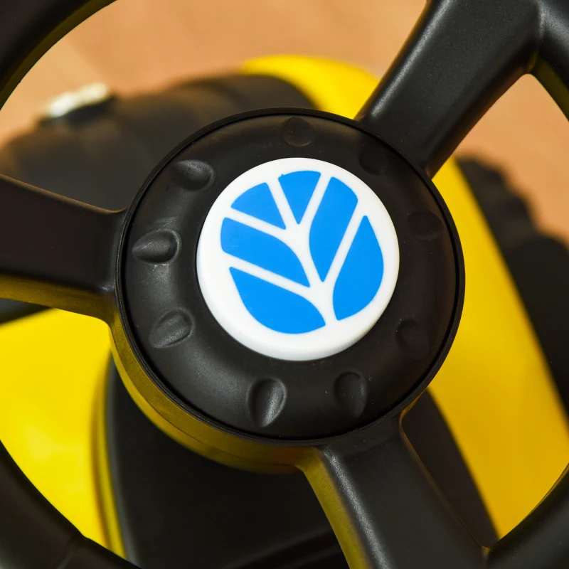 HOMCOM Porteur tracteur enfants avec coffre amovible, râteau et pelle, voiture enfants avec lumière LED et klaxon, jaune