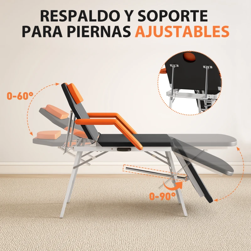 HOMCOM Camilla Masaje Plegable Portátil de 3 Zonas con Respaldo Ajustable Reposacabezas Reposabrazos 182x82x68 cm Naranja