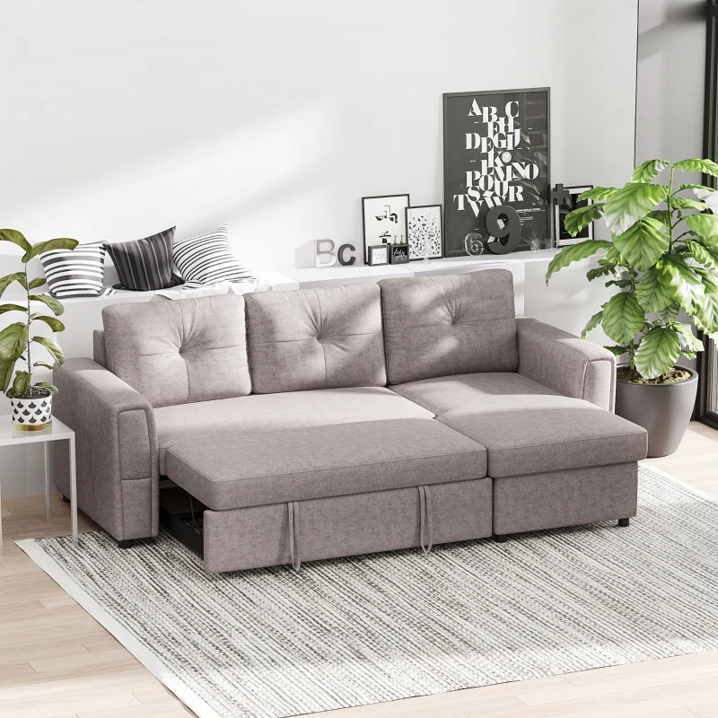 HOMCOM 3-Sitzer-Sofa mit Bettfunktion, Schlafsofa mit Chaiselongue, Polstersofa, Grau(m-7)