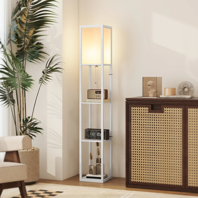 HOMCOM Lámpara de Pie con Estantes de Almacenaje, Lámpara de Madera Moderna, Bombilla E27, para Salón, Dormitorio, Oficina, Blanco