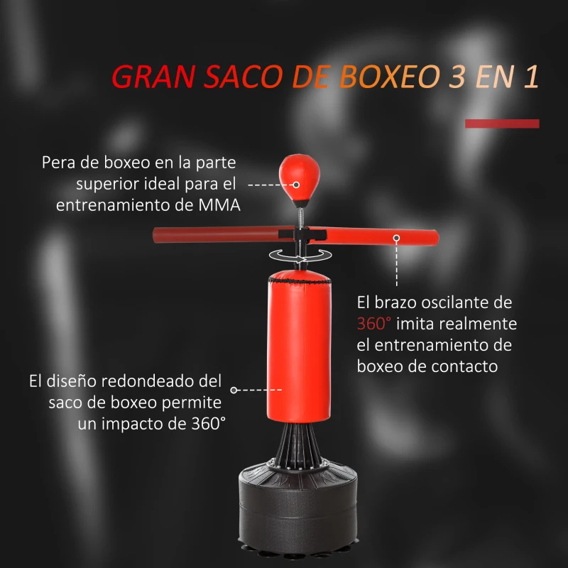 HOMCOM Saco de Boxeo de Pie con Bola de Velocidad y Barra Giratoria de 360° 88x48x155-205 cm Negro y Rojo