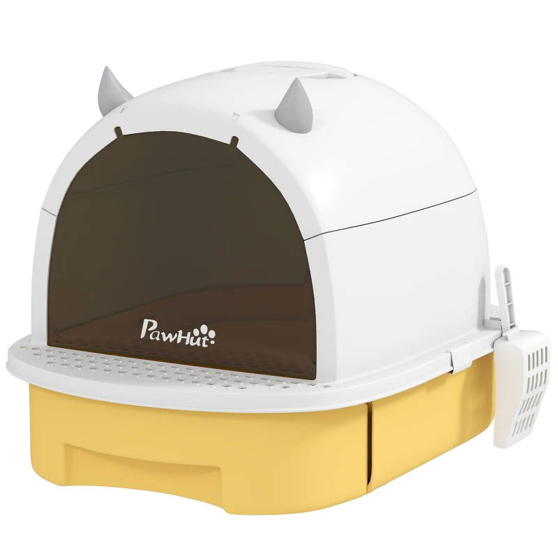 PawHut Caixa de Areia para Gatos Fechada com Tampa e Bandeja Amovíveis Filtro de Carvão e Pá 40,5x52x39 cm Branco e Amarelo