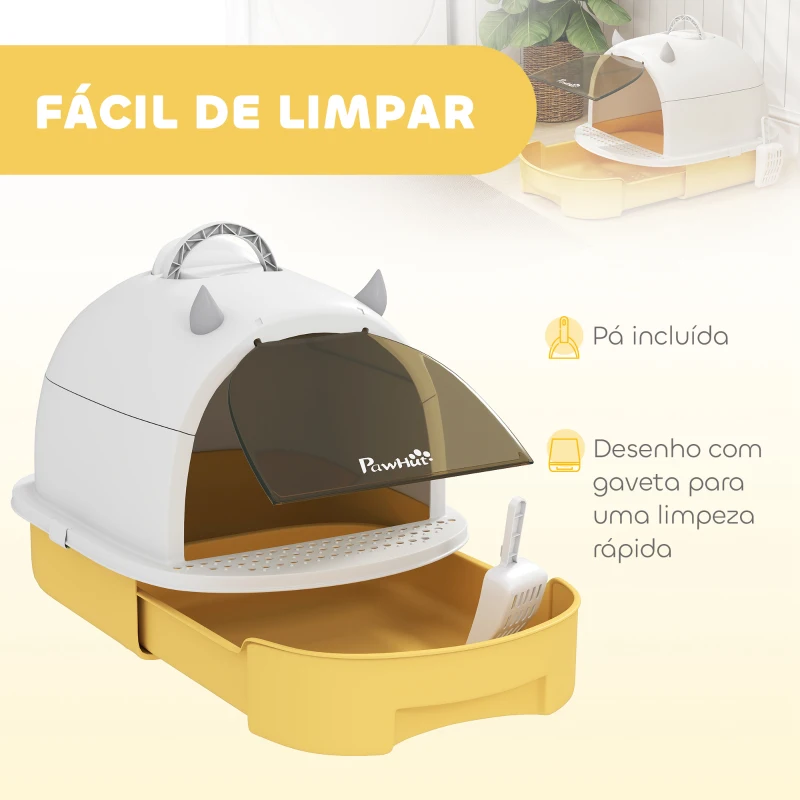 PawHut Caixa de Areia para Gatos Fechada com Tampa e Bandeja Amovíveis Filtro de Carvão e Pá 40,5x52x39 cm Branco e Amarelo