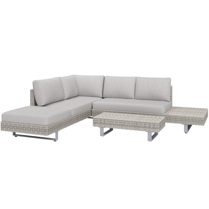 Outsunny Conjunto de Muebles Ratán de 3 Piezas Mesa de Centro Sofá Doble y Sofá de 3 Plazas con Cojines Extraíbles para Exterior Jardín Terraza Patio Acero Gris