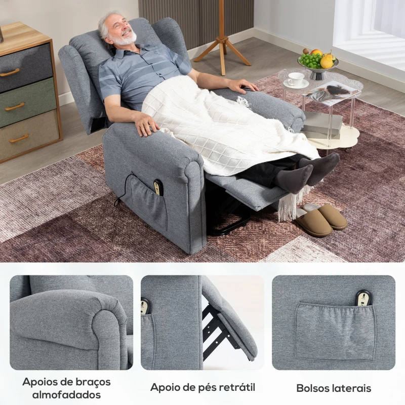 HOMCOM Poltrona Relax Reclinável Elétrica Poltrona Elevatória com Encosto Alto Capitonê Controlo Remoto 85x91x103 cm Cinza