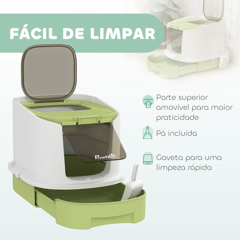 PawHut Caixa de Areia para Gatos Fechada com Entrada Frontal Saída Superior Tampa Amovível Bandeja e Pá 40,5x52,5x42,5 cm Verde