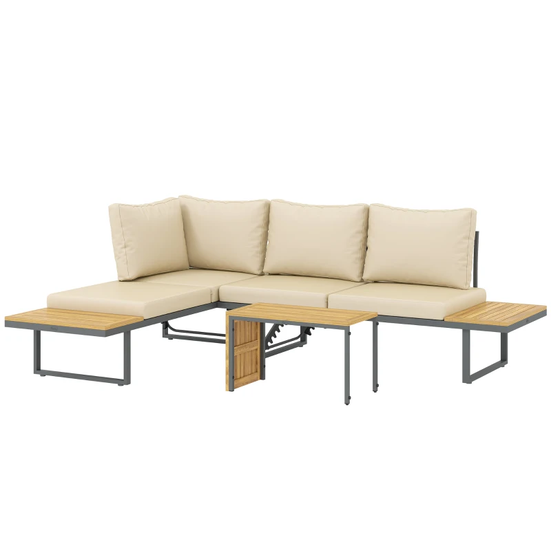 Outsunny Conjunto de Sofás de Exterior Modular de Acero y Madera de Acacia con Mesa Auxiliar y Cojines Extraíbles