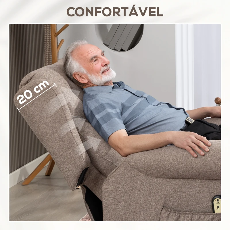 HOMCOM Poltrona Relax Reclinável Elétrica Poltrona Elevatória com Encosto Alto Capitonê Controlo Remoto 85x91x103 cm Marrom Claro