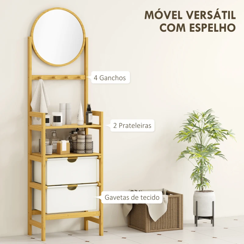 HOMCOM Estante de Casa de Banho em Bambu com Espelho Estante de Arrumação com 2 Gavetas de Tecido 48,5x30x170 cm Madeira