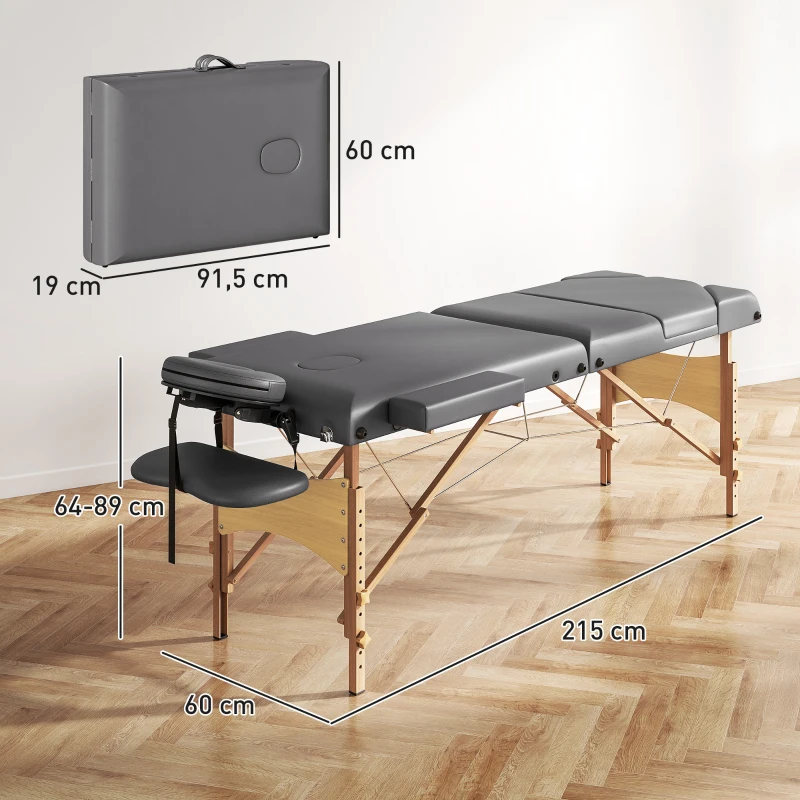 HOMCOM Marquesa de Massagem Dobrável Portátil com Altura Ajustável Apoio de Cabeça Apoios de Braço Acolchoados 215x60x64-89 cm Cinza