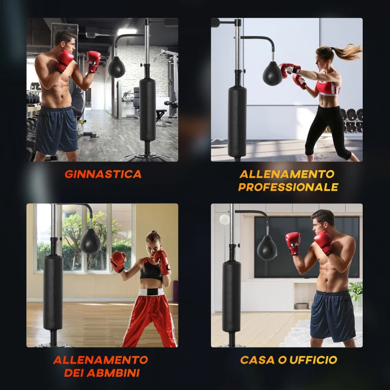 HOMCOM Sacco Boxe da Terra 4 in 1 con 2 Speedball, Barra Girevole e Sacco, Altezza Regolabile da 160-230cm, Nero