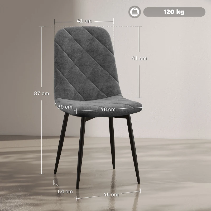 HOMCOM Esszimmerstühle, 4er-Set Küchenstühle mit Rückenlehne, Samtoptik, Polsterstühle mit Metallbeinen, für Esstisch, Grau(m-3)