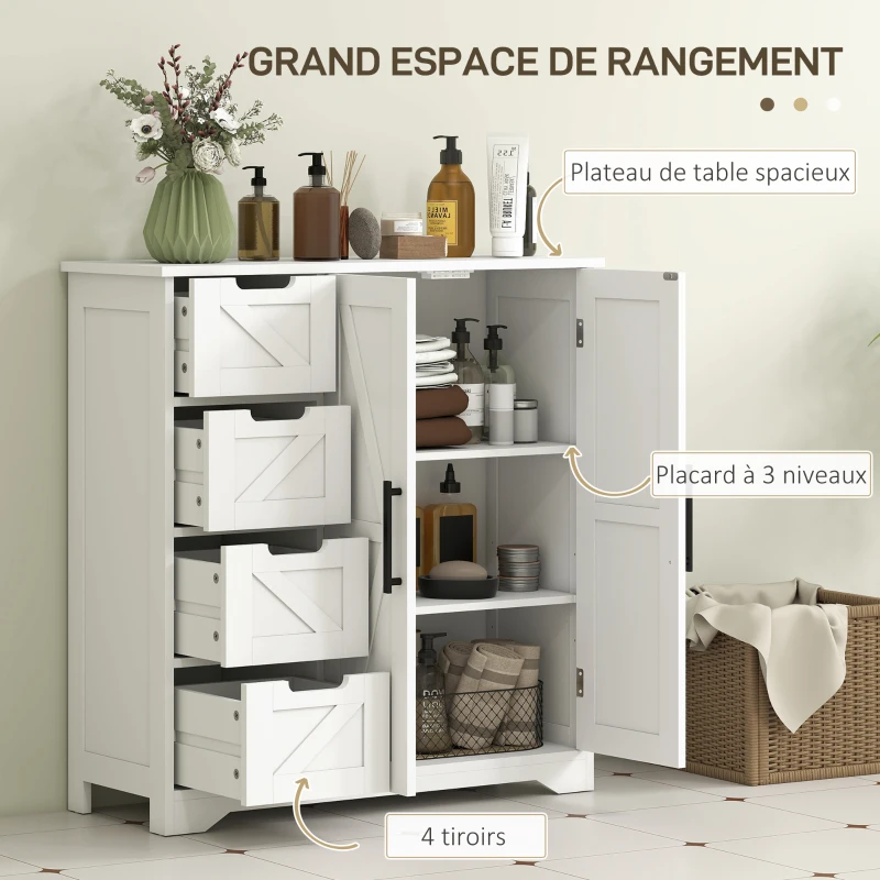 HOMCOM Meuble de salle de bain, meuble de rangement, avec 4 tiroirs, 1 placard, pour petits espaces, 81,2 x 30 x 83,8 cm, blanc