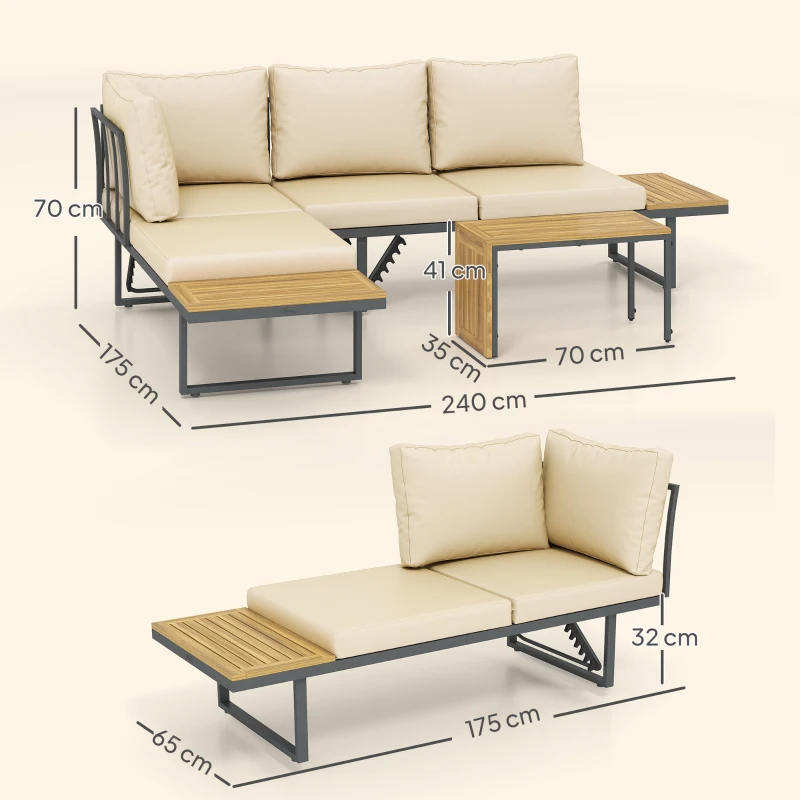 Outsunny Conjunto de Sofás de Exterior Modular de Acero y Madera de Acacia con Mesa Auxiliar y Cojines Extraíbles