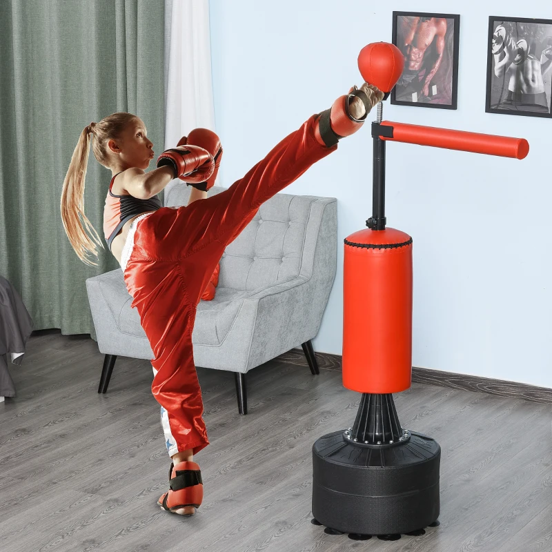 HOMCOM Sac de Box Ajustabil pe Înălțime, Bară Rotativă și Bază Umplută, 88x48x155-205 cm, Roșu