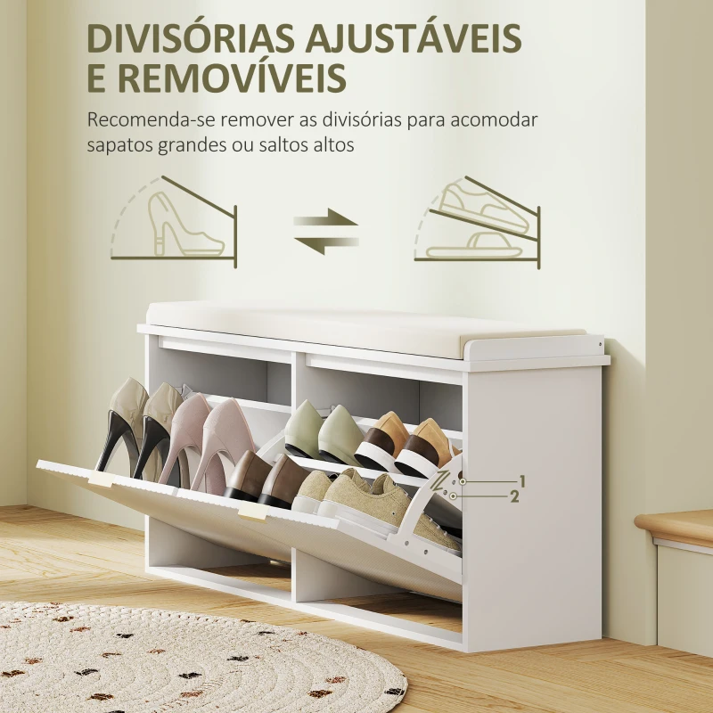 HOMCOM Banco Sapateira Móvel Sapateira Estreito com Assento Estofado 2 Caixas Rebatível e Painel de Ripas 104x26x47,5 cm Branco