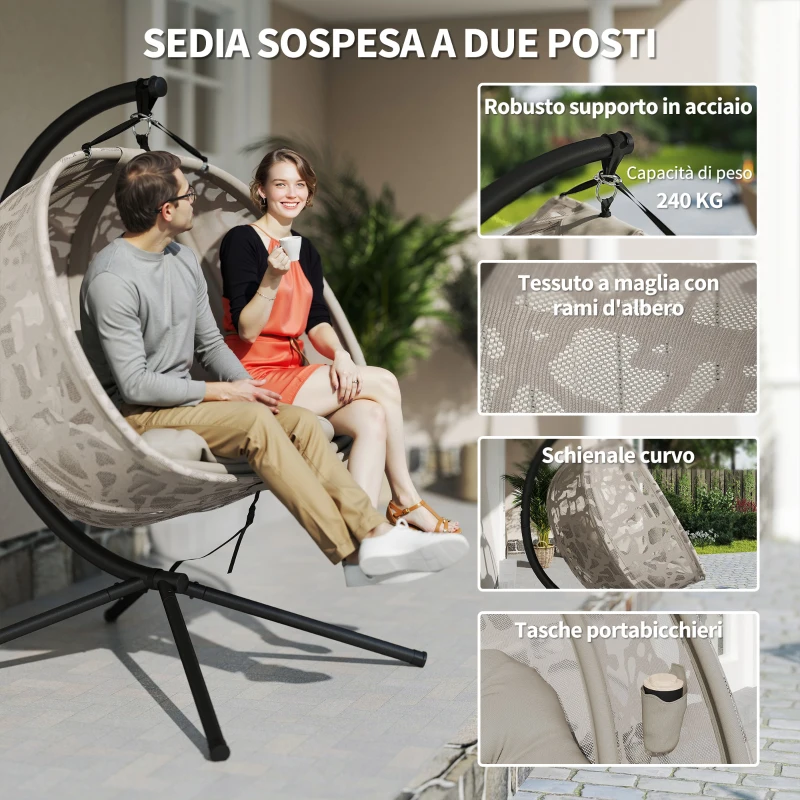 Outsunny Poltrona Sospesa 2 Posti con 2 Tasche, 2 Cuscini e Cesto Pieghevole, 130x103x172 cm