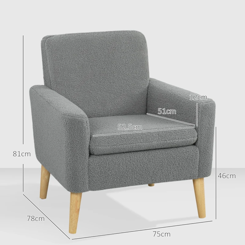 HOMCOM Armchair, Upholstered Accent Chair with Wood Legs and Wide Padded Seat, Teddy Occasional Chair, Grey