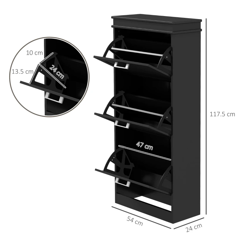 HOMCOM Dulap pentru Depozitarea Pantofilor cu 3 Sertare Rabatabile pentru 15 Perechi de Pantofi, 54x24x117,5 cm, Negru