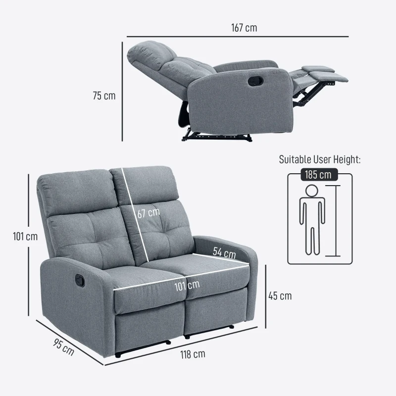 HOMCOM Sofá de 2 Plazas Reclinable Manual Tapizado en Lino con Reposapiés y Acolchado Grueso 118x95x101 cm Gris