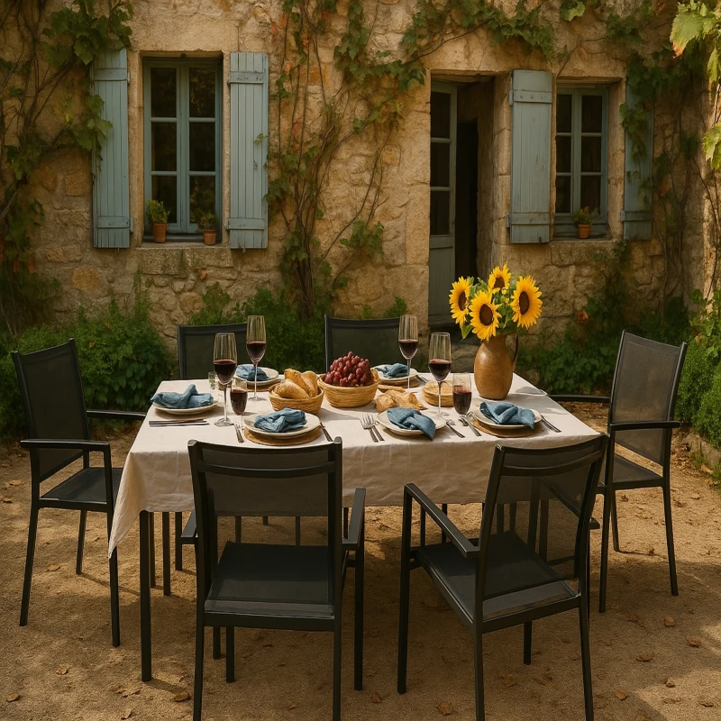 Outsunny Ensemble salle à manger de jardin 7 pièces avec 1 table et 6 chaises empilables en métal époxy textilène gris foncé