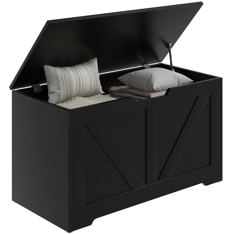 HOMCOM 100L Home Storage Box, with Safety Hinges - Black Wood-Effect