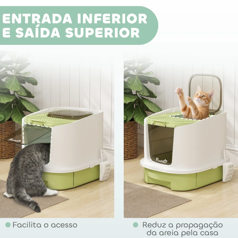 PawHut Caixa de Areia para Gatos Fechada com Entrada Frontal Saída Superior Tampa Amovível Bandeja e Pá 40,5x52,5x42,5 cm Verde
