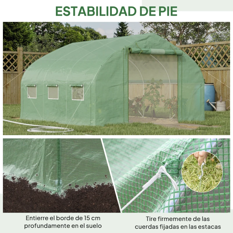 Outsunny Invernadero de Túnel 347x300x200 cm Invernadero de Jardín con Puerta y 6 Ventanas Estructura de Acero Galvanizado Verde