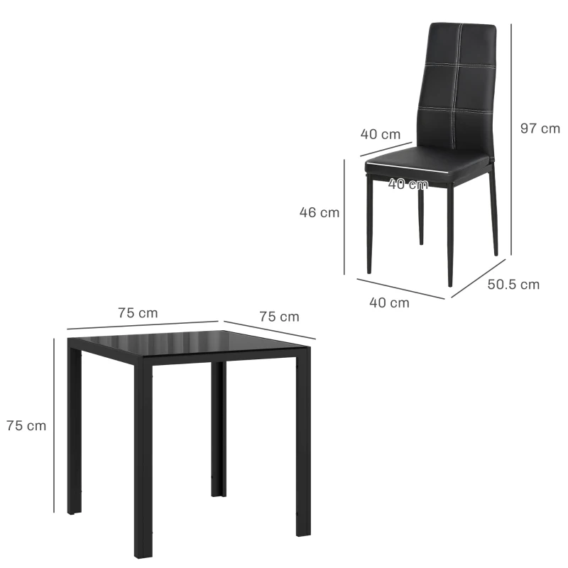 HOMCOM Conjunto Mesa de Jantar e Cadeiras para 2 Pessoas Tampo Retangular de Vidro para Cozinha Sala de Estar Casa Preto