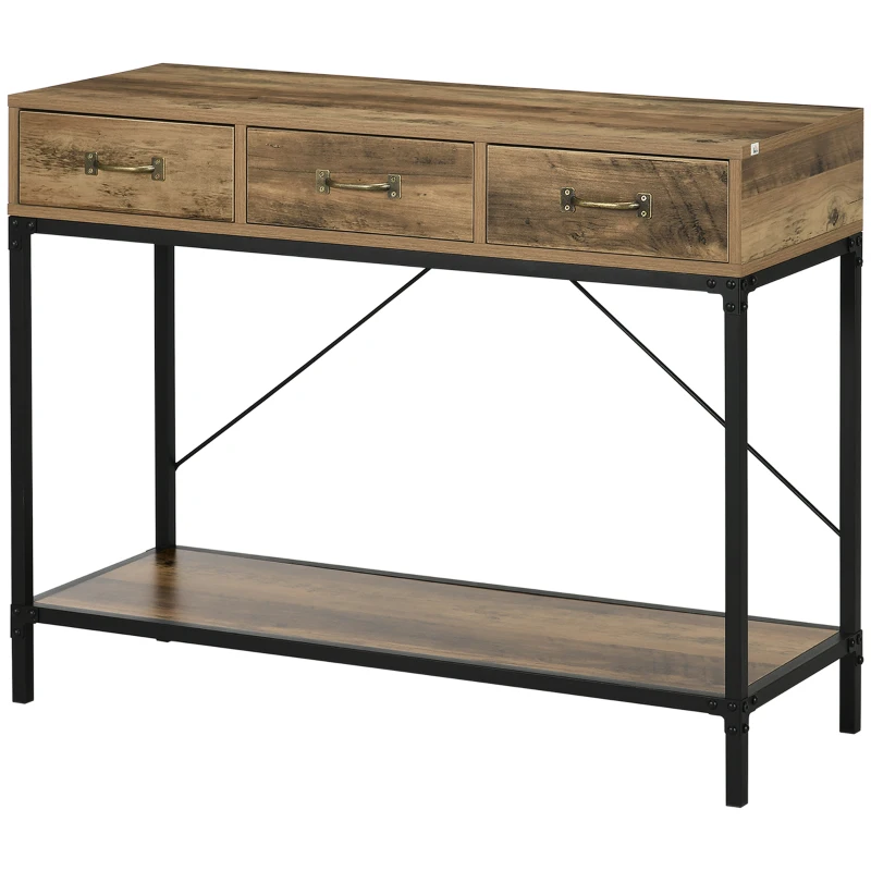 HOMCOM Mesa Console Mesa de Apoio de Entrada Industrial 3 Gavetas 1 Prateleira Aspecto de Madeira 100x35x76,5 cm Marrom Claro Preto