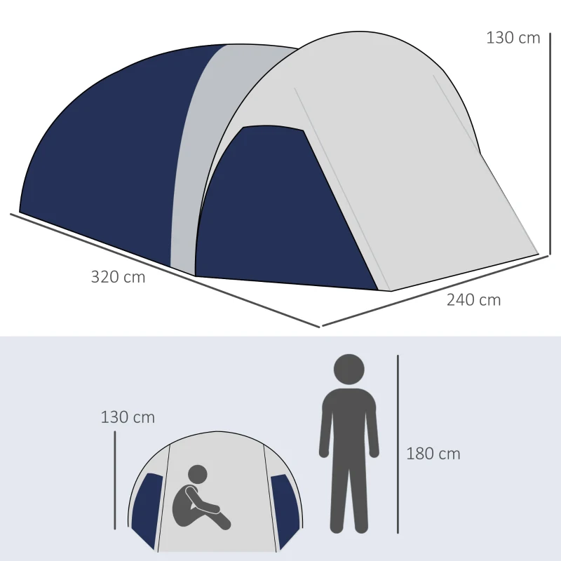 Outsunny Tenda de Camping 3/4 Pessoas Cúpula Leve Ventilada com Portas com Zíper 320x240x130 cm Azul Escuro Cinza Claro