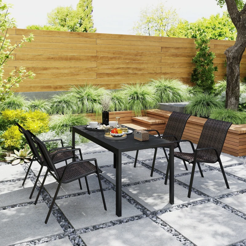 Outsunny Conjunto de 4 Cadeiras de Jardim Empilháveis Cadeira de Exterior com Braços e Revestimento em Resina Trançada Marrom