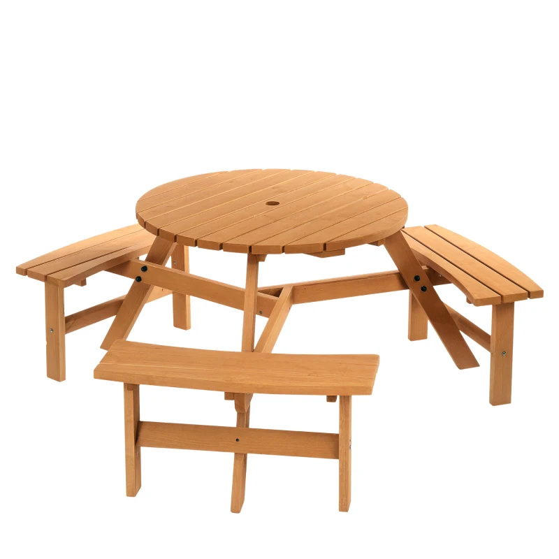 Outsunny 6 Seater Wooden Picnic Table and Garden Benches Set, Round Garden Dining Set with 3 Benches and Umbrella Hole Outdoor Garden Park, Brownish Red