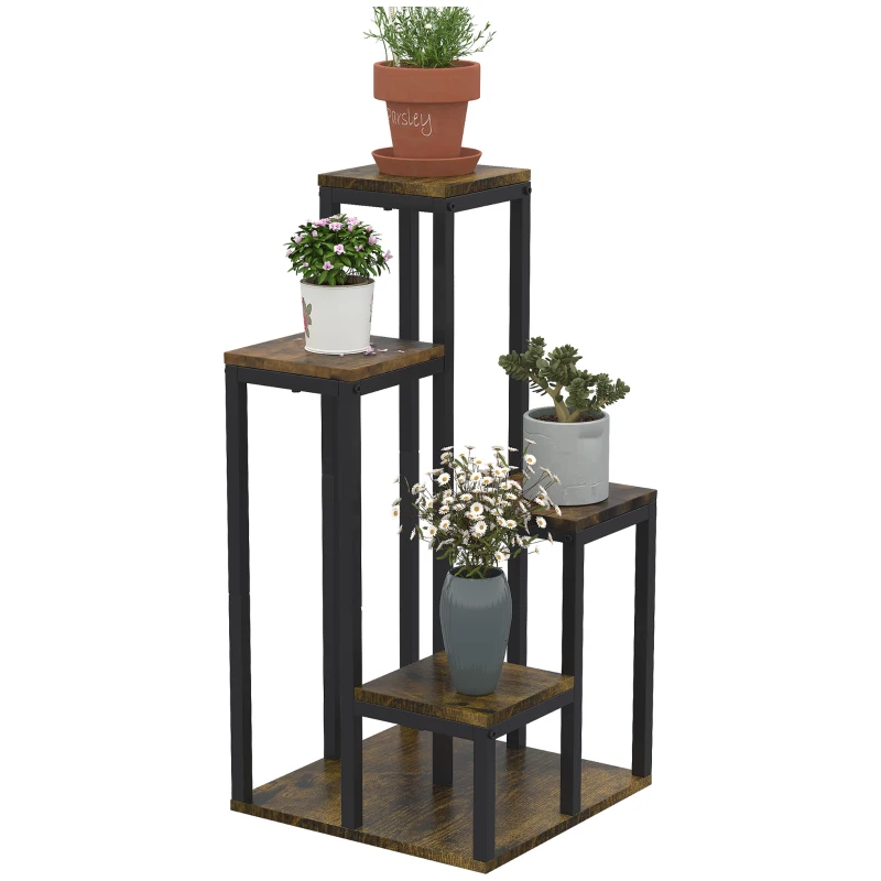 Outsunny Suporte para Plantas Estante de Flores 4 Prateleiras Diferentes Alturas Estrutura Aço 40x40x81 cm Preto